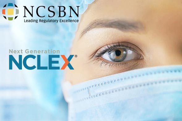 NCLEX and NCSBN logos on top of apicture of a nurse